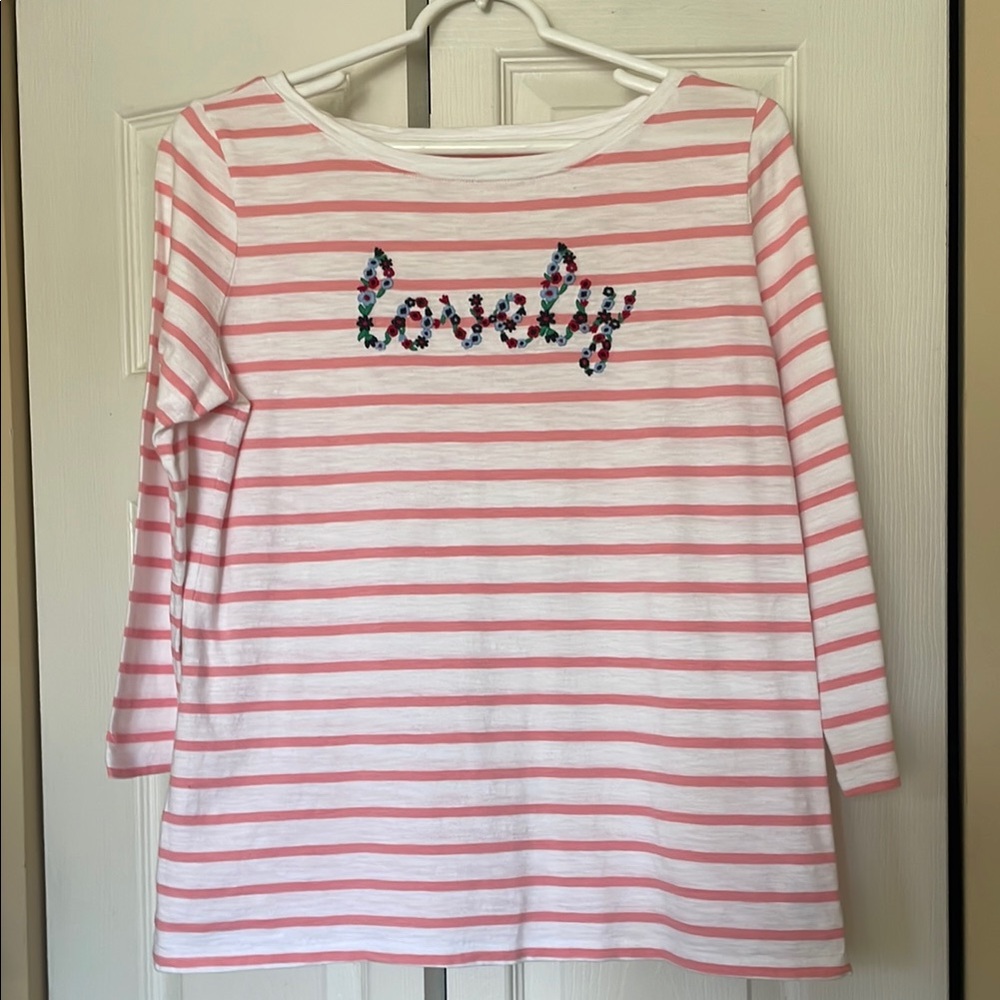 Pink and White Striped 3/4 length sleeve top. Size M. Pullover.